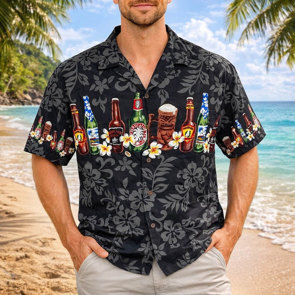 Winnie Fashion Hawaiian Shirt 2XL Beers Tiki Mugs Floral Plumeria Flowers